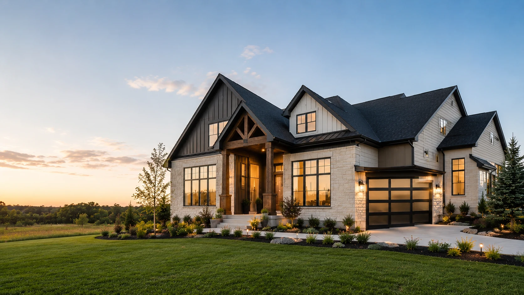 Stone-and-timber craftsman home in Coon Rapids, Minnesota at dusk — diagnostic home inspection